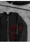 Tam Fermuarlı Uzun Kol Baskılı Bomber Ceket - Siyah