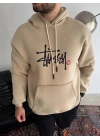 Üç İplik Kapşonlu Baskılı SweatShirt - Bej