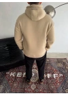 Üç İplik Kapşonlu Baskılı SweatShirt - Bej