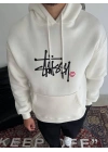 Üç İplik Kapşonlu Baskılı SweatShirt - Beyaz