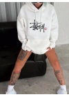 Üç İplik Kapşonlu Baskılı SweatShirt - Beyaz