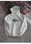 Üç İplik Kapşonlu Baskılı SweatShirt - Beyaz