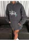 Üç İplik Kapşonlu Baskılı SweatShirt - Füme