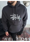 Üç İplik Kapşonlu Baskılı SweatShirt - Füme