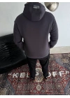 Üç İplik Kapşonlu Baskılı SweatShirt - Füme
