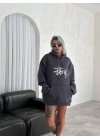 Üç İplik Kapşonlu Baskılı SweatShirt - Füme