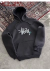 Üç İplik Kapşonlu Baskılı SweatShirt - Füme