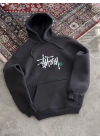 Üç İplik Kapşonlu Baskılı SweatShirt - Füme