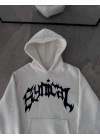 Üç İplik Kapüşonlu Baskılı Oversize SweatShirt- Beyaz