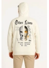 Üç İplik Kapüşonlu Ön ve Arka Baskılı SweatShirt hoodie - Beyaz