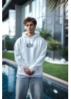 Üç İplik Penye Kapşonlu Baskılı SweatShirt - Beyaz