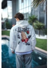 Üç İplik Penye Kapşonlu Baskılı SweatShirt - Beyaz