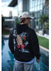 Üç İplik Penye Kapşonlu Baskılı SweatShirt - Siyah