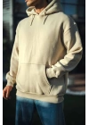 Üç İplik Penye kapüşonlu Basic SweatShirt - Bej