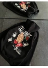 Üç İplik Penye Uzun Kol Kapşonlu Baskılı SweatShirt - Siyah