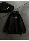 Üç İplik Penye Uzun Kol Kapşonlu Baskılı SweatShirt - Siyah