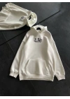 Üç İplik Penye Uzun Kol Kapüşonlu Baskılı SweatShirt - Beyaz