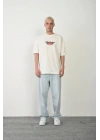 Unisex Baskılı Bisiklet Yaka Oversize T-Shirt - Beyaz