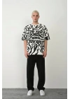 Unisex Baskılı Bisiklet Yaka Oversize T-Shirt - Beyaz