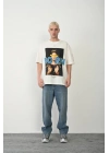 Unisex Baskılı Bisiklet Yaka Oversize T-Shirt - Beyaz