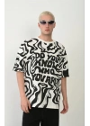 Unisex Baskılı Bisiklet Yaka Oversize T-Shirt - Beyaz
