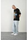 Unisex Baskılı Bisiklet Yaka Oversize T-Shirt - Siyah