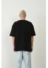 Unisex Baskılı Bisiklet Yaka Oversize T-Shirt - Siyah