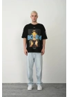 Unisex Baskılı Bisiklet Yaka Oversize T-Shirt - Siyah