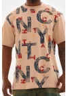 Unisex Baskılı Oversize T-Shirt - Bej
