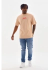 Unisex Baskılı Oversize T-Shirt - Bej