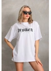 Unisex Baskılı Oversize T-Shirt - Beyaz