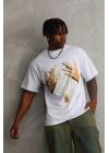 Unisex Baskılı Oversize T-Shirt - Beyaz