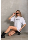 Unisex Baskılı Oversize T-Shirt - Beyaz