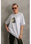 Unisex Baskılı Oversize T-Shirt - Beyaz