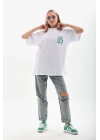 Unisex Baskılı Oversize T-Shirt - Beyaz