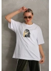 Unisex Baskılı Oversize T-Shirt - Beyaz