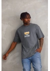 Unisex Baskılı Oversize T-Shirt - Füme