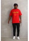 Unisex Baskılı Oversize T-Shirt - Kırmızı