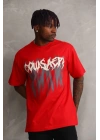 Unisex Baskılı Oversize T-Shirt - Kırmızı