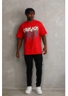 Unisex Baskılı Oversize T-Shirt - Kırmızı