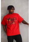 Unisex Baskılı Oversize T-Shirt - Kırmızı