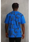 Unisex Baskılı Oversize T-Shirt - Mavi