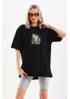 Unisex Baskılı Oversize T-Shirt - Siyah