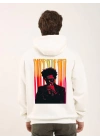 Unisex Baskılı Oversize Üç İplik Kapüşonlu Sweatshirt - Beyaz