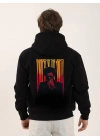Unisex Baskılı Oversize Üç İplik Kapüşonlu Sweatshirt - Siyah