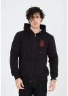 Unisex Baskılı Tam Fermuarlı Kapşonlu SweatShirt - Siyah