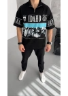 Unisex Baskılı Yarım Fermuarlı T-Shirt - Siyah