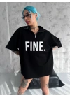 Unisex Baskılı Yarım Fermuarlı T-Shirt - Siyah
