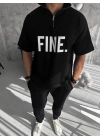 Unisex Baskılı Yarım Fermuarlı T-Shirt - Siyah