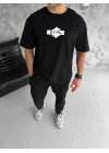 Unisex Bisiklet Yaka Baskılı Double Oversize T-Shirt - Siyah